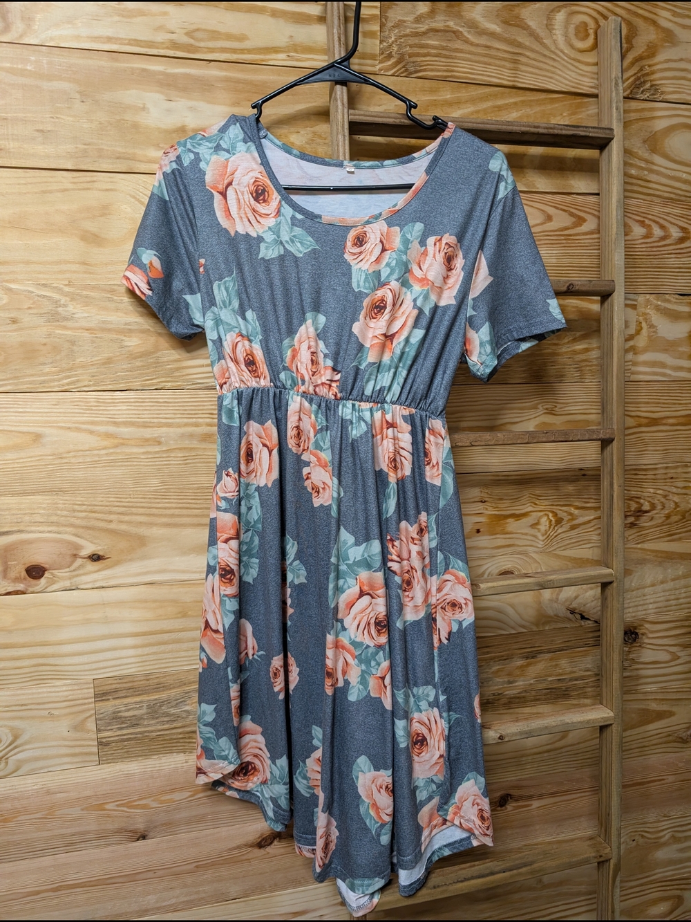 Floral Midi Dress with Peach Roses - Women Dresses Midi